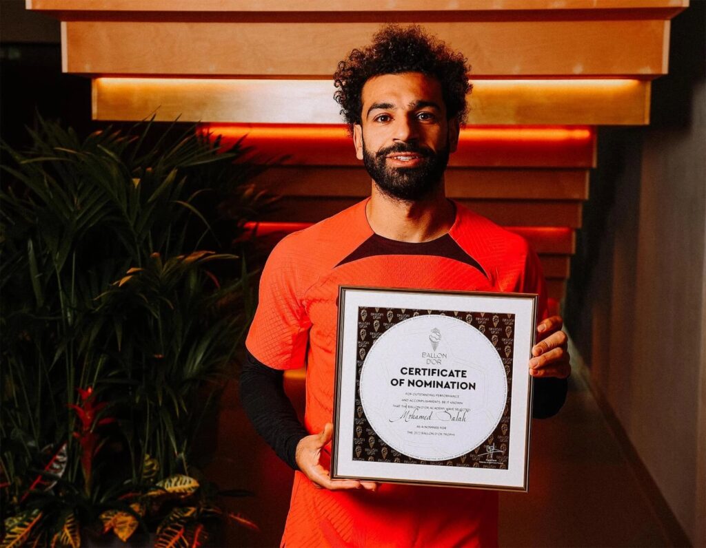 Photo .. Salah with his candidacy for the Golden Ball Award for 2022