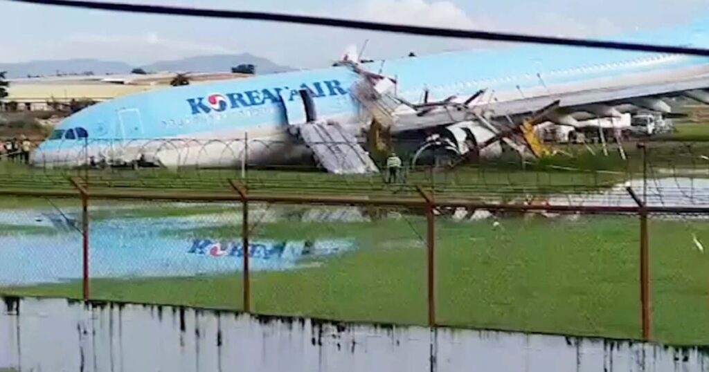 Korean Air plane stuck in grass after overshooting runway