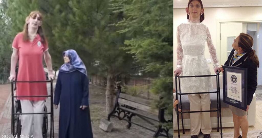 Pictures and videos .. The longest woman travels for the first time in her life