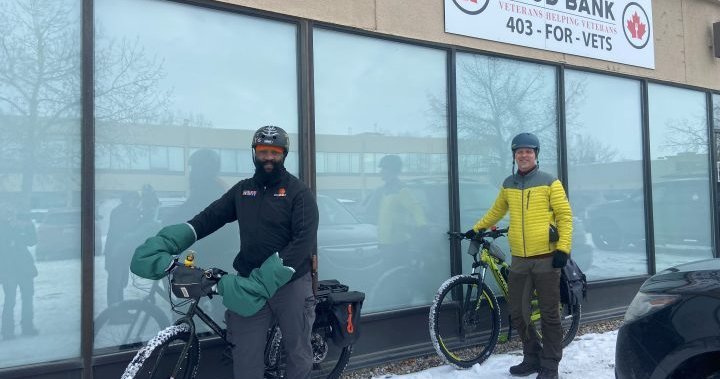 Calgary veteran and friend of shooting victim cycle through snow to raise awareness of PTSD